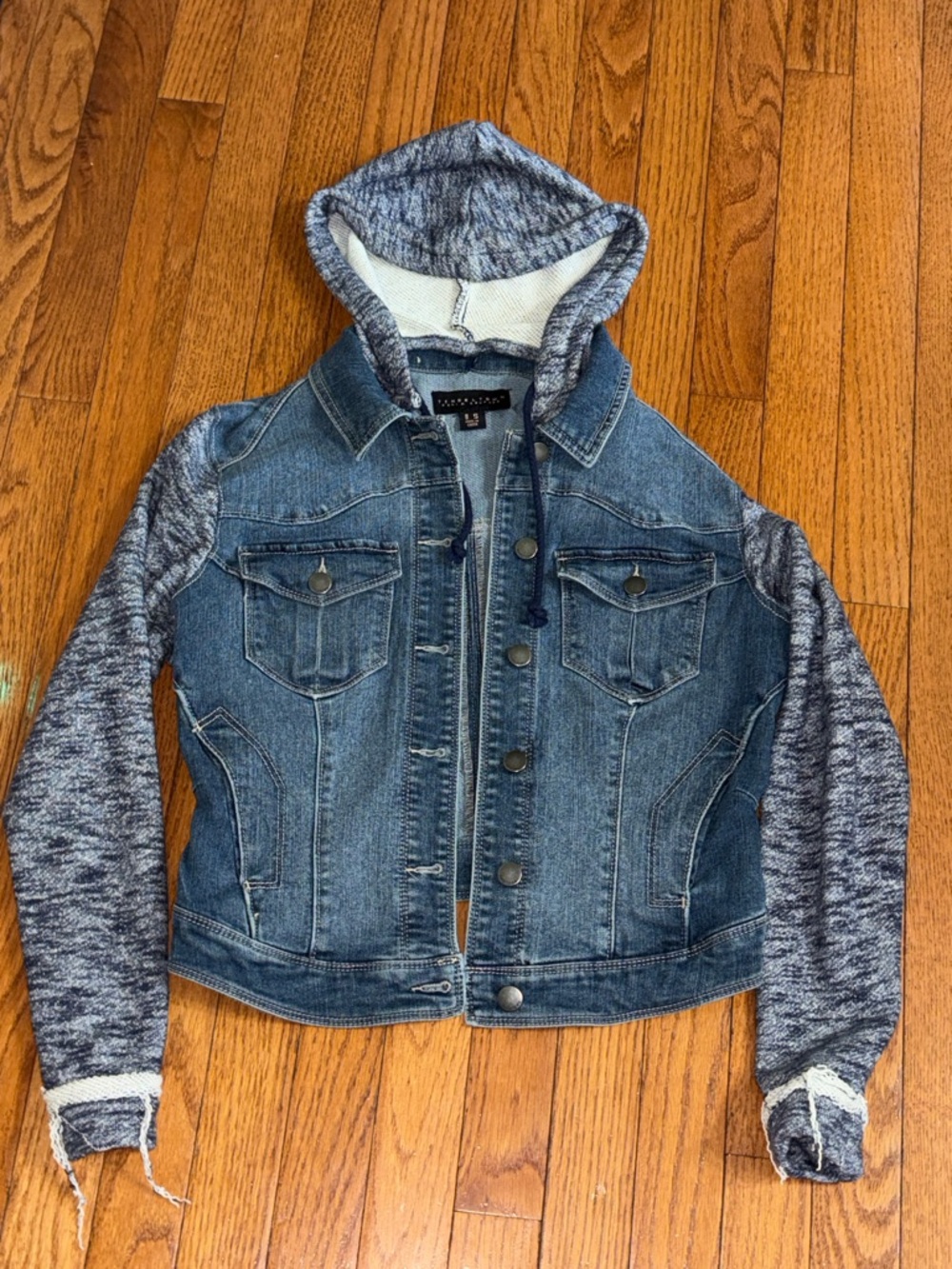 Tinseltown Blue Denim Jacket with Gray Knit Hood & Sleeves